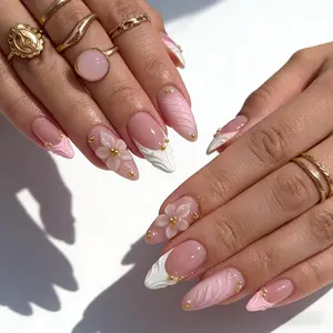 3D Pink Almond Press On Nails Medium French Tip with Embossed Flower Gold Bead Reusable False Nails for Women Manicure Perfect Valentine's Gift