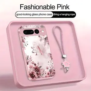 Rose Floral Art 26 letter Phone Case, Suitable for [Google Pixel 7 Pro] high-end women's, Lanyard a beautiful four-leaf clover lanyard is included🍀 952