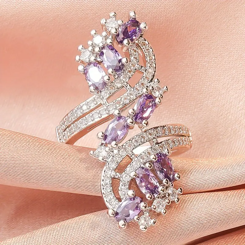1pc Gorgeous Shiny Amethyst Zirconia Ring Wedding Engagement Promise Bride Stone Ring Anniversary Ring Holiday Gift Ring Jewelry Rhinestone Ring Beautiful Promiserings