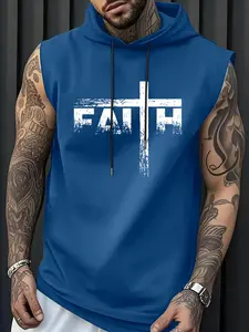 Men's Summer Casual Sleeveless Hooded T-Shirt with Faith Print, Fitted Lightweight Design for Gym and Everyday Style, Versatile Streetwear, Top