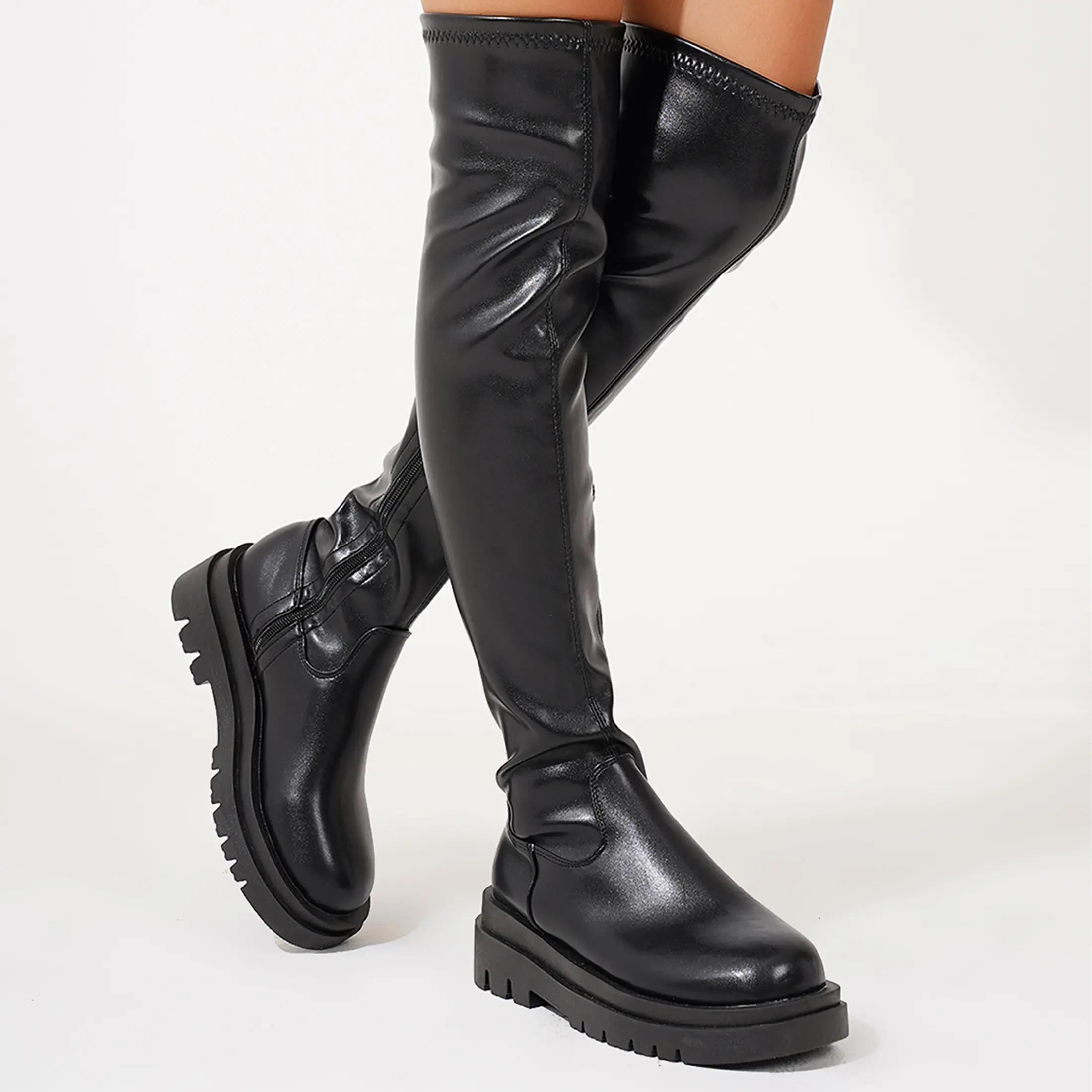 Women's Black Thigh High Boots for Women Fashion Chunky Heel Over The Knee Boots Comfortable Stretch Wide Calf Knee Boots