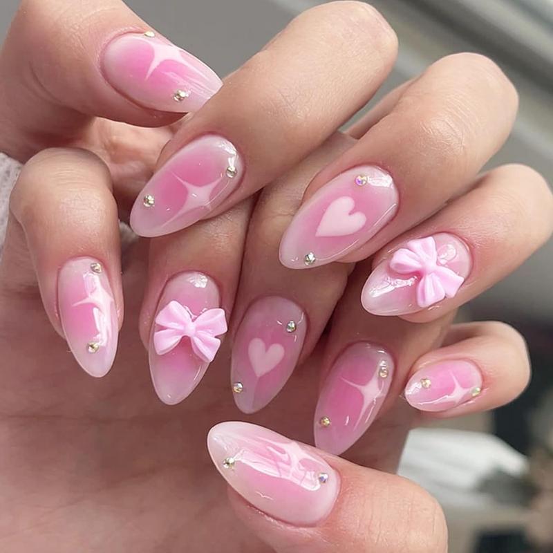 Pink Gradient Almond Press-On Nails with Blush Bow & Star Rhinestones Glossy Stick-On Acrylic False Nails for Women Girls DIY Manicure Easter Birthday Gifts