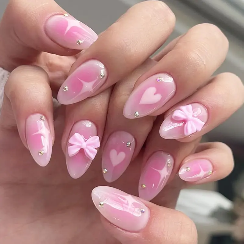 Pink Gradient Almond Press-On Nails with Blush Bow & Star Rhinestones Glossy Stick-On Acrylic False Nails for Women Girls DIY Manicure Easter Birthday Gifts