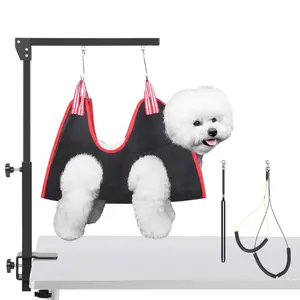 Dog Grooming Arm with Clamp, Adjustable Dog Grooming Table Arm with Two No Sit Haunch Holder & Hammock Harness, Foldable Pet Grooming Supplies for Small Medium Dogs