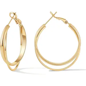 Gacimy 14K Gold Plated Criss Cross Hoop Earrings for Women, 3mm Wide Double Layer Flat Crossover Hoops, Lightweight X-Shape Statement Earrings