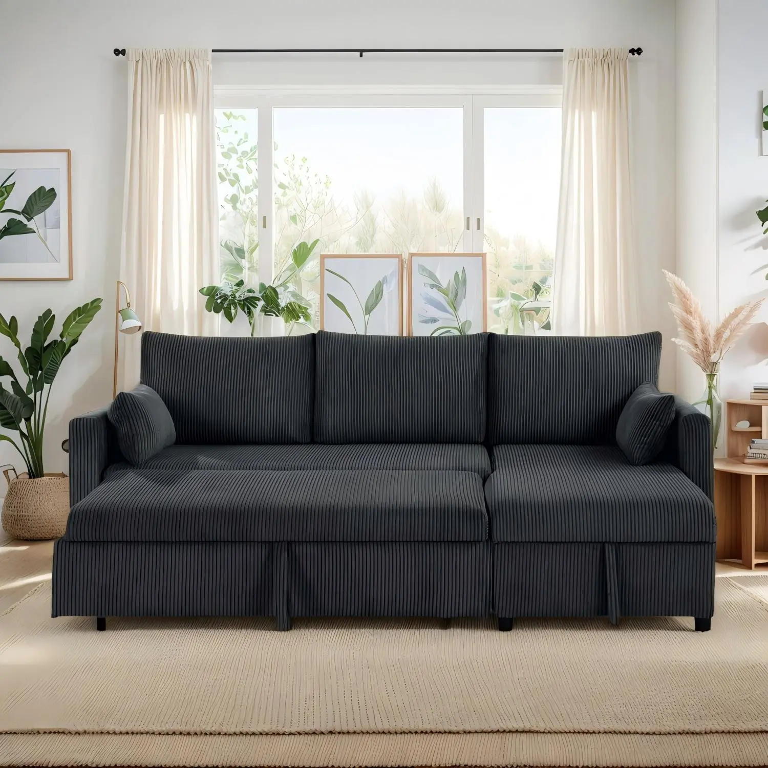 Traditional 3-Seater L-Shaped Corduroy Sectional Sofa Bed with Easy Pull-Out Sleeper, Cotton-Stainless Steel Accents, Durable Storage Chaise, Hidden Storage, Foam Cushions for Small Living Room, Easy Assembly, Easy Pull-Out Bed