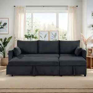 Pull Out Sleeper Sofa Bed with Storage Chaise L-Shaped Corduroy Sectional Couch 3-Seater Convertible Sofa with Hidden Storage for Small Living Room Apartment Office Easy Assembly Foam Cushions