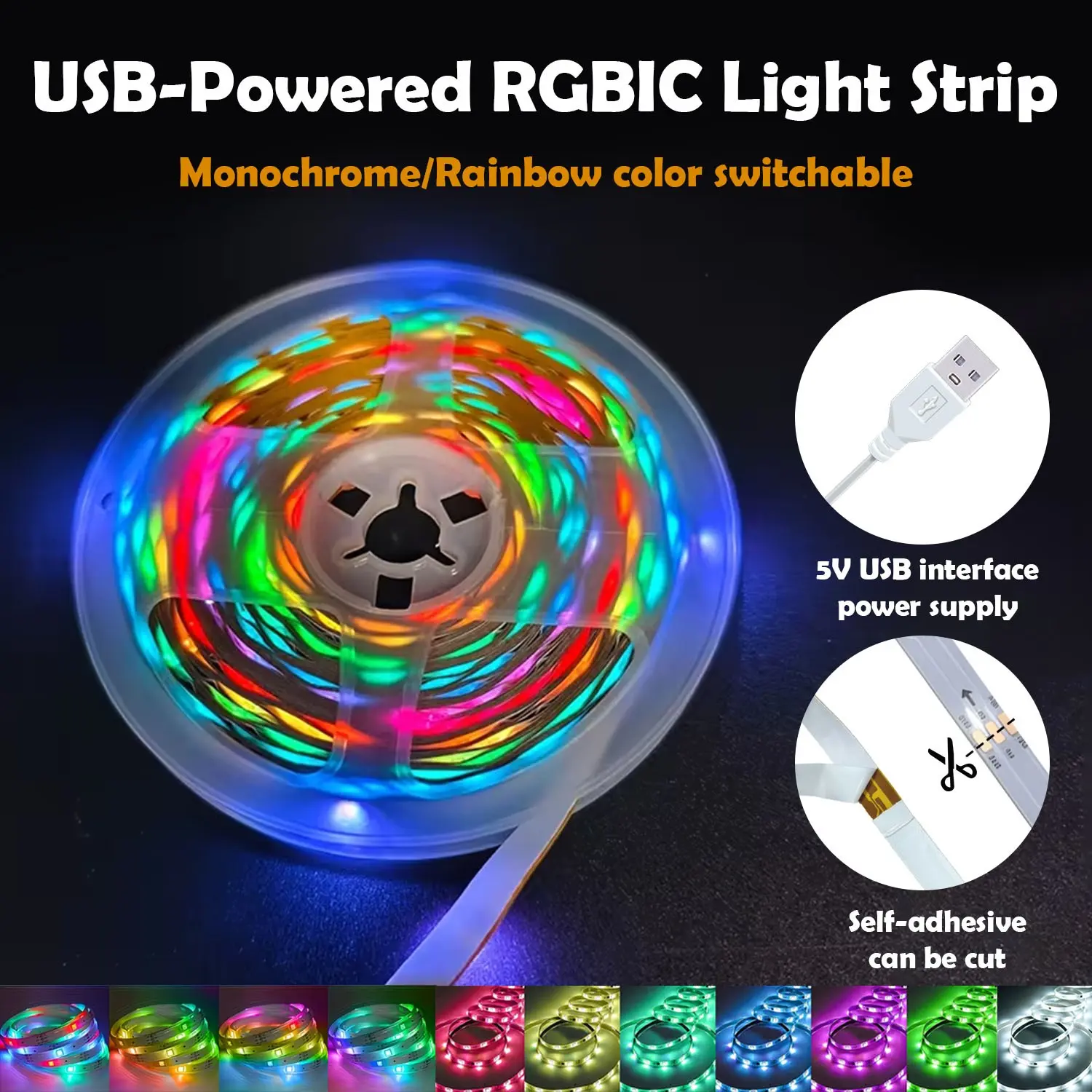 5050 RGBIC LED strip light, flexible and bendable, with self-adhesive backing, dimmable, color-changing, comes with a 24-key infrared remote control, suitable for bedroom, game room, bar, party, and festival lighting decoration, Dimmable RGB Stripe