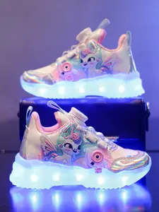 16 Color Modes USB Rechargeable LED Light Up Shoes for Boys Girls, EUR 25-35 Cute Cartoon Rotary Buckle Glow Sneakers, Toddler/Little/Big Kids Luminous Performance Dancing Party Shoes, Anti-Slip Lighted Athletic Street Dance Birthday Gifts