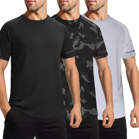 Men's Camo Crew Neck Active Sports T-Shirts - 5-Pack Fitted Lightweight Moisture-Wicking Athleisure Tops, 4-Way Stretch Spandex, Non-Restrictive Cut, Breathable Fabric Athletic Performance Gym Wear for Running, Active Sports T-Shirt