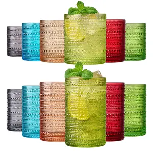 Khen Hobnail Beaded Highball Drinking Tumbler Glasses | Set of 12 | Autumn Colors Vintage Bubble Design Whiskey Glassware, Old-Fashioned, Embossed Design Water, Wine, Cocktail Rocks Glasses