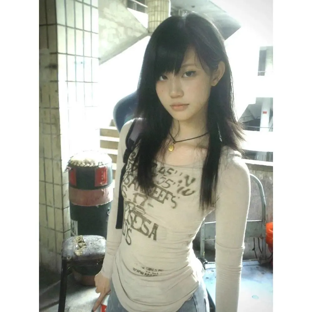 Japanese Y2k Letter Print T-shirt Trashy 2000s Style Long Sleeve Ribbed Tops Vintage Harajuku Streetwear American Retro