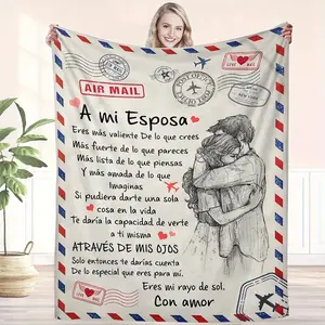 Spanish Love Letter Envelope Print Flannel Blanket Gift for Wife, Soft Cozy All-season Throw with Personalized Message, Digital Print Knit Craftsmanship, Lodge Style Decorative Blanket