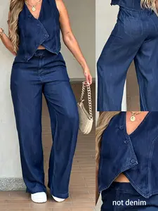 New Summer Women's Sleeveless Asymmetric Hem Vest Top + Casual Wide Leg Straight Pants Set, Non-Denim Fashion for Spring & Summer
