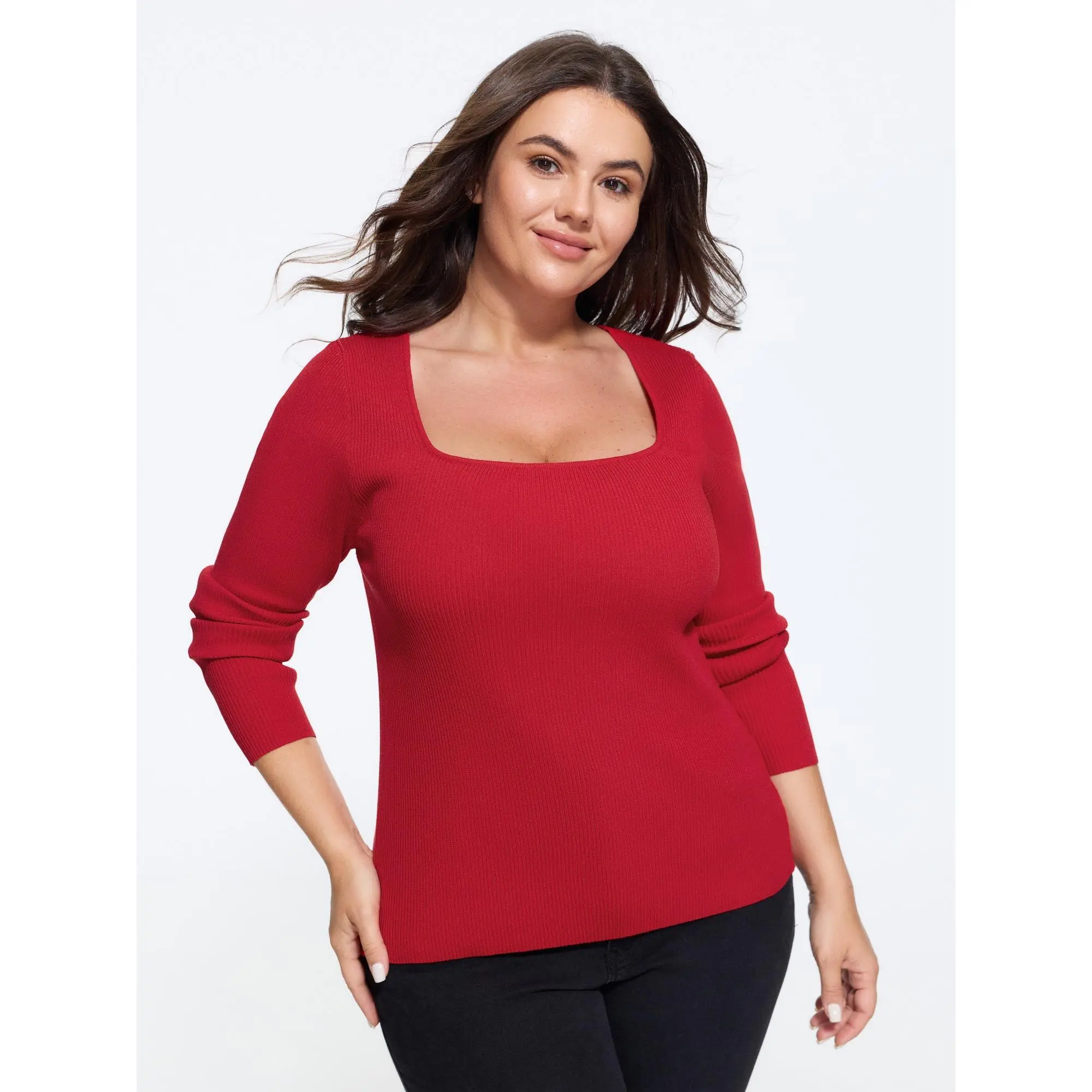 BloomChic Women's Plus Size Casual Knit Flat Basic Fabric Stretchy Square Neck Ribbed Long Sleeve Pullover Sweatshirt, Size M-6X, 2026 Summer Finds