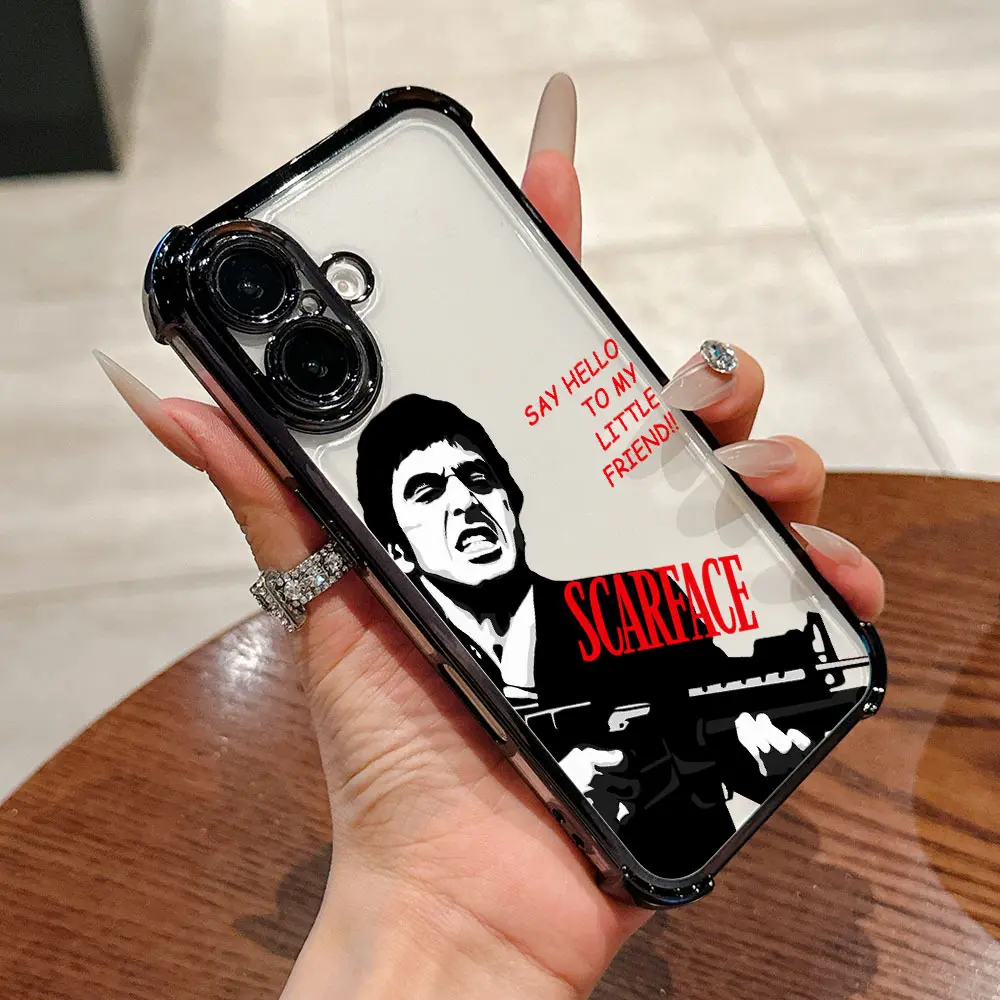 Luxury Business High-End Creative Scarface Movie Character Smartphone Case, Black Border Transparent Back Drop-Protection Cellphone Cover & Casing Accessory Compatible with iPhone 16 16E 15 14 13 12 Mini 11 Pro Max X XR XSMAX 8 7 E Plus