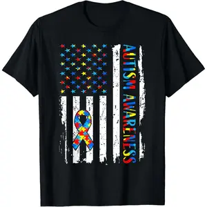 Autism Awareness Mom Dad USA Flag Autistic Awareness Autism T-Shirt