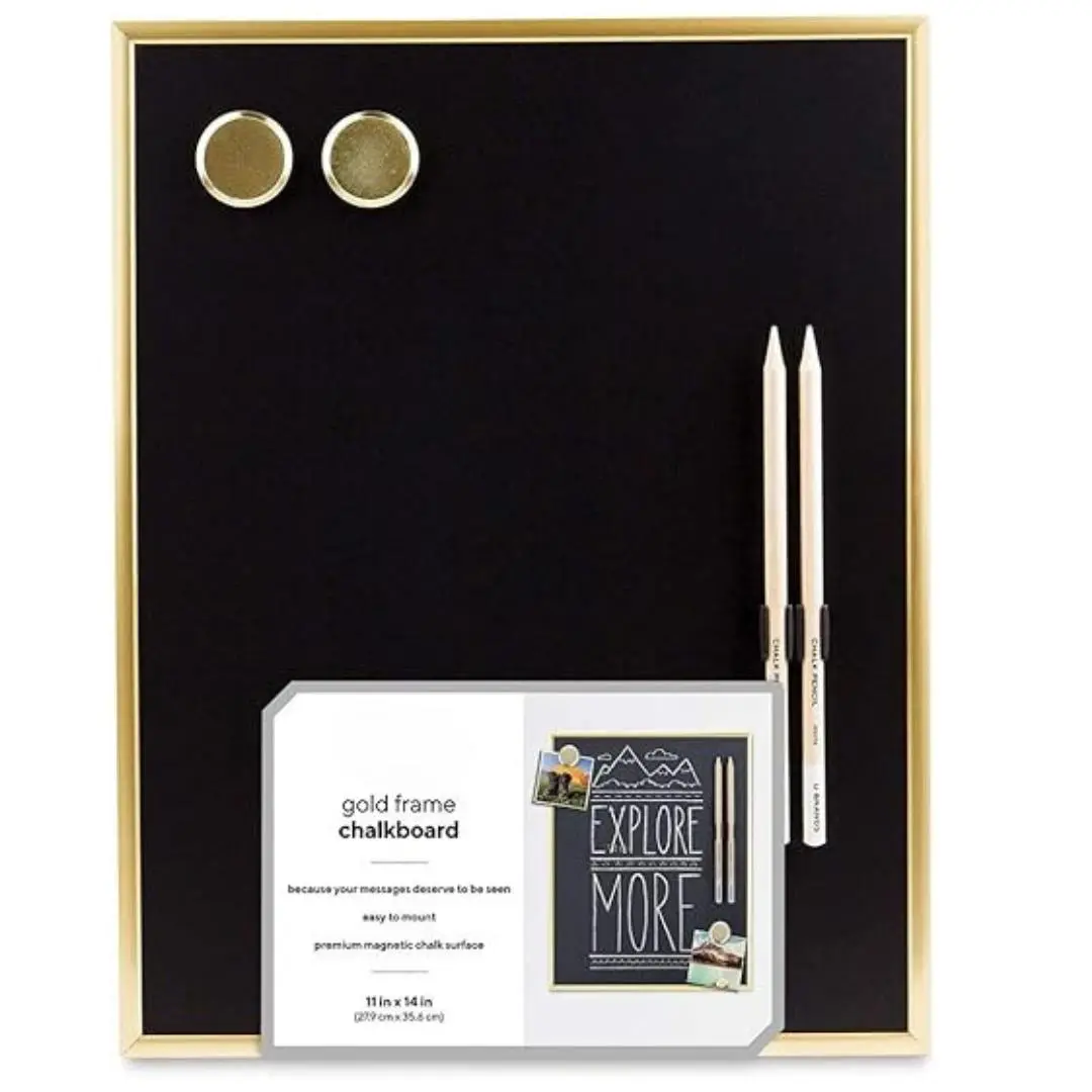 Magnetic Chalkboard, 11"x14", Gold Metal Frame, Premium Matte Surface, includes Chalk Pencils and Magnets