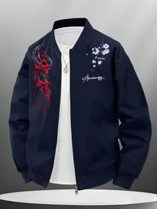 Trendy Men's Geometric Pattern Baseball Jacket, Casual Loose-Fitting Long Sleeve Outerwear, Street Style All Seasons Coat