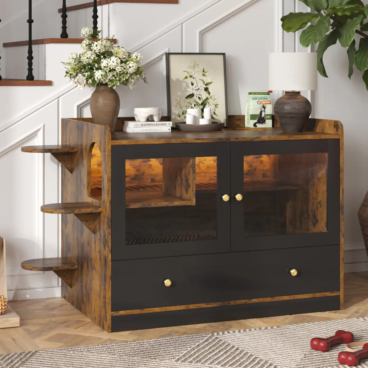 Easy Assembly Luxury Cat Litter Box Enclosure, Hidden Cat Litter Box Furniture With Drawer And Stairs, Wooden Cat House Washroom For Bedroom,Cat Cabinet Side Table For Living Room, Rustic Brown And Black