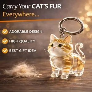 Cat Fur Keepsake Keychain Clear Acrylic Pet Hair Memory Pendant, Cat Memorial Gift for Cat Mom, Cute Kitten Remembrance Keyring