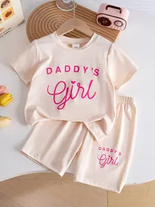 Girls' Simple Letter Print T-Shirt & Shorts Set, Casual Summer, Comfortable Cotton Material, Perfect for Daily Wear