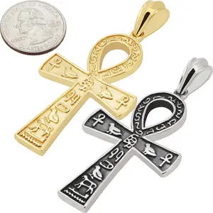 316L Stainless Steel 18k Yellow Gold Plated Engraved Egyptian Ankh Cross Pendant