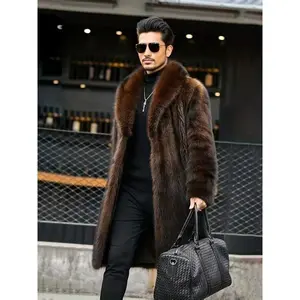 Fashionable Design Men's Faux Fur Single Breasted Overcoat, Trendy And Elegant Warm Long Jacket For Autumn And Winter Outdoors Leisurewear Collar Fabric