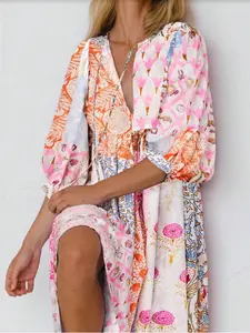 Women's Bohemian Vintage Lantern Balloon Sleeve Dress, Elegant Casual Holiday Dress with Pockets, Stylish Retro Fashion for Women