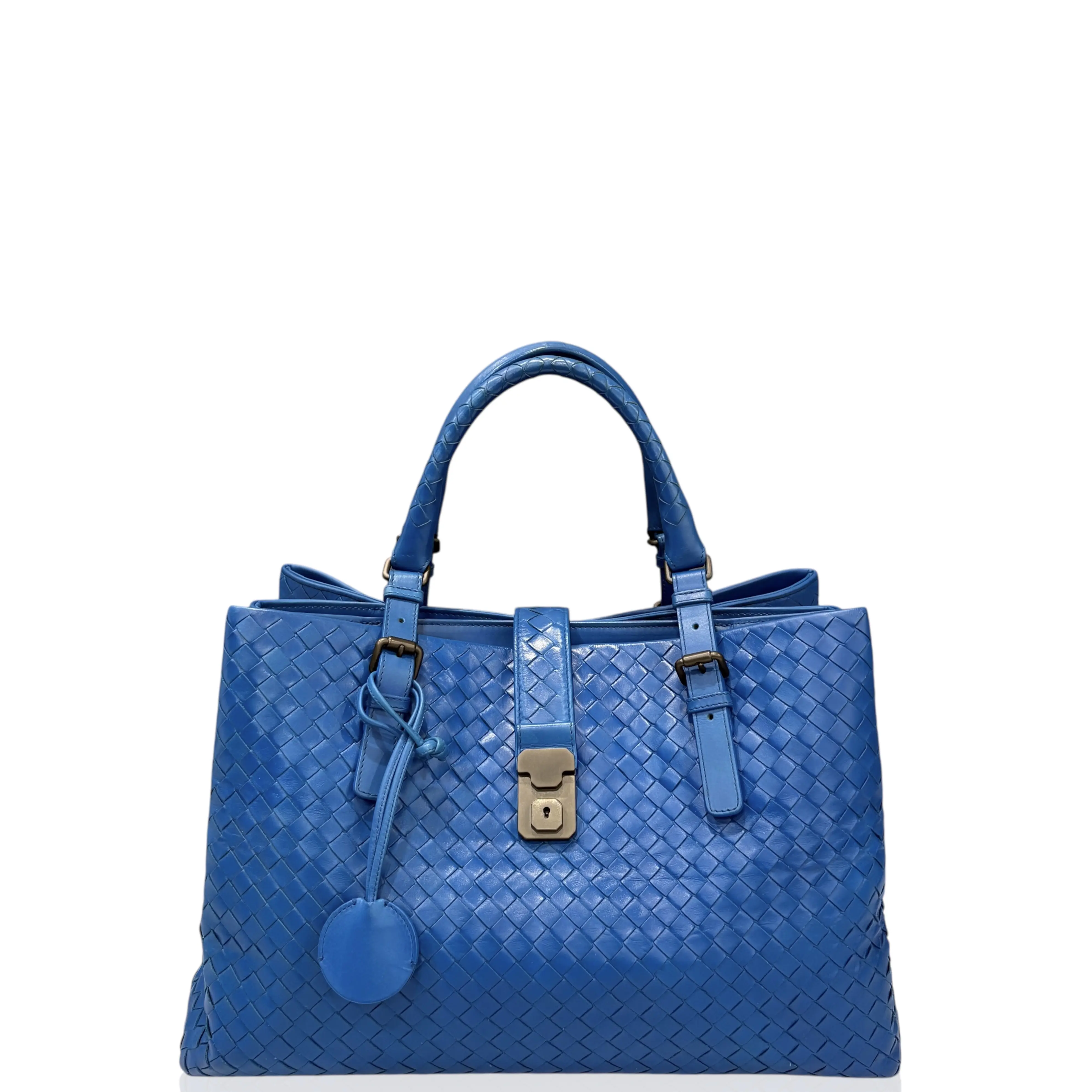 Pre-owned BOTTEGA VENETA Leather tote bags Large Roma Tote Bag Intrecciato Nappa Blue (ym030126d8)