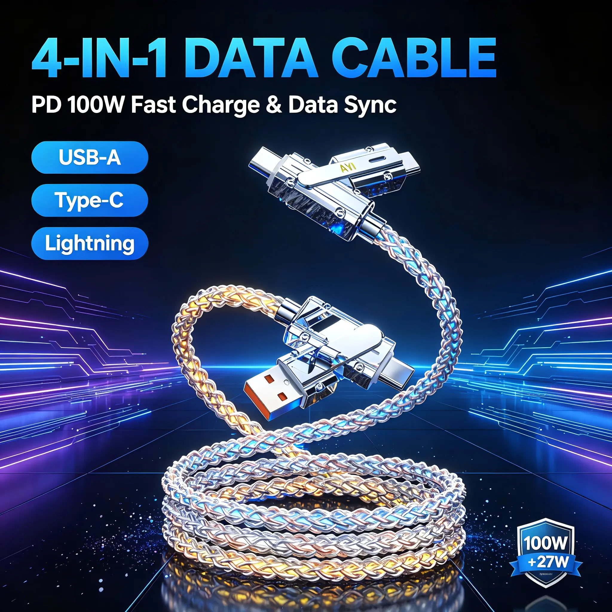100W 4-in-1 Aluminum Alloy USB-C Data Cable - USB-A, Type-C, Lightning Connectors, Gradient Color for Mobile Phones & Electronic Devices