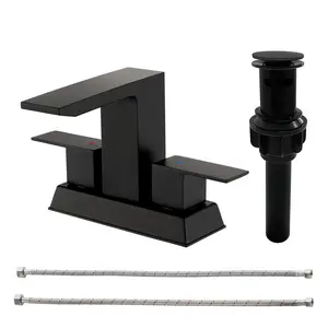 Matte Black 2-Hole Waterfall Basin Faucet Brushed Gold Double Handle Centerset Bathroom Sink Faucet Brushed Nickel Deck Mount Vanity Faucet with Pop-Up Drain Stopper and Supply Hoses