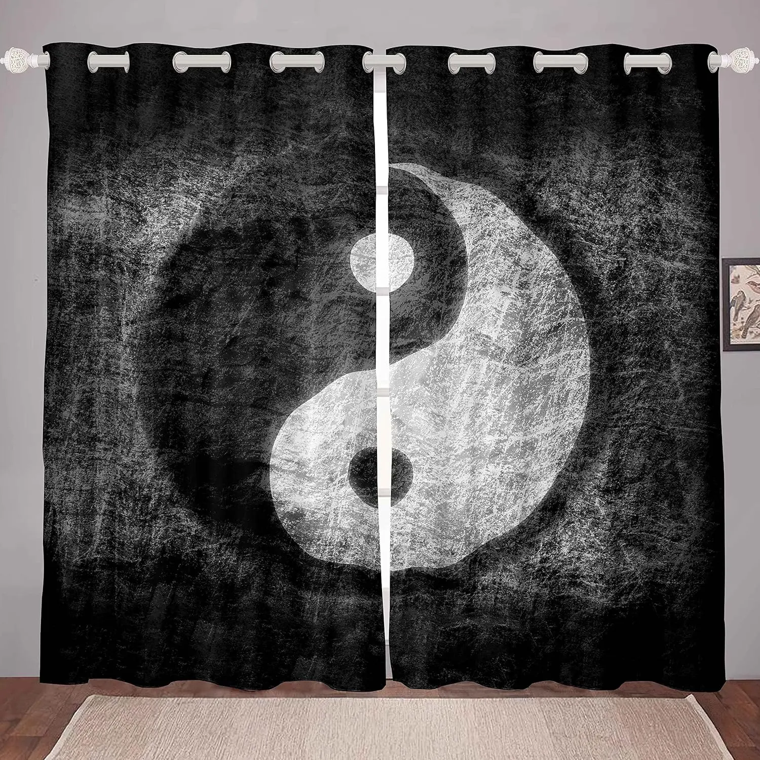 Feelyou 2-Tone Velvet Finished Curtains - Yin Yang Bold Pattern Boho Grommet Panels, 2 Easy-Hang Window Hanging Privacy Shield, Room Decor Textile Accessory for Kids Room