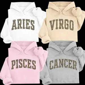 Full 12 Zodiac Leopard Print Hoodie – Minimalist Astrology Sign Pullover with Optional EST Birth Year, Unisex Horoscope Streetwear Gift for White, Sand, Grey Sport, Pink Color