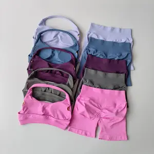 2 Pieces Yoga Suit for Women Seamless Fitness Gym Clothes Halter Sports Bra Matching Impact Shorts Workout Sets Gym Outfit