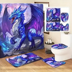 Creative Blue Dragon Pattern Shower Curtain Set, Non-Slip Mat, U-Shaped Rug, Toilet Lid Cover, Perfect for Bathroom Decor, Restroom, Bathroom Supplies, Includes 12 Hooks