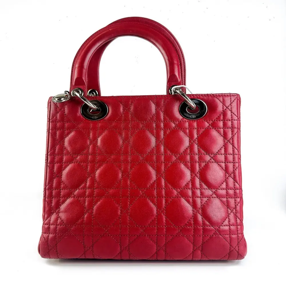 Pre-owned Dior Medium Lady Bright Red Cannage Lambskin Handbag【902】