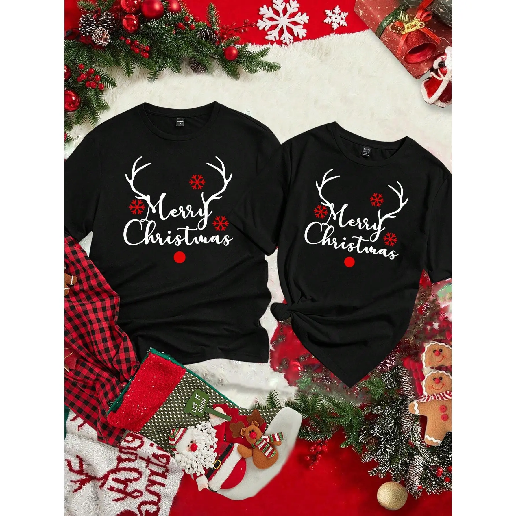 Couple's Christmas T-Shirt, Casual Reindeer Letter Graphic Print Short Sleeve Raglan Top with Round Neck, Shortsleeve