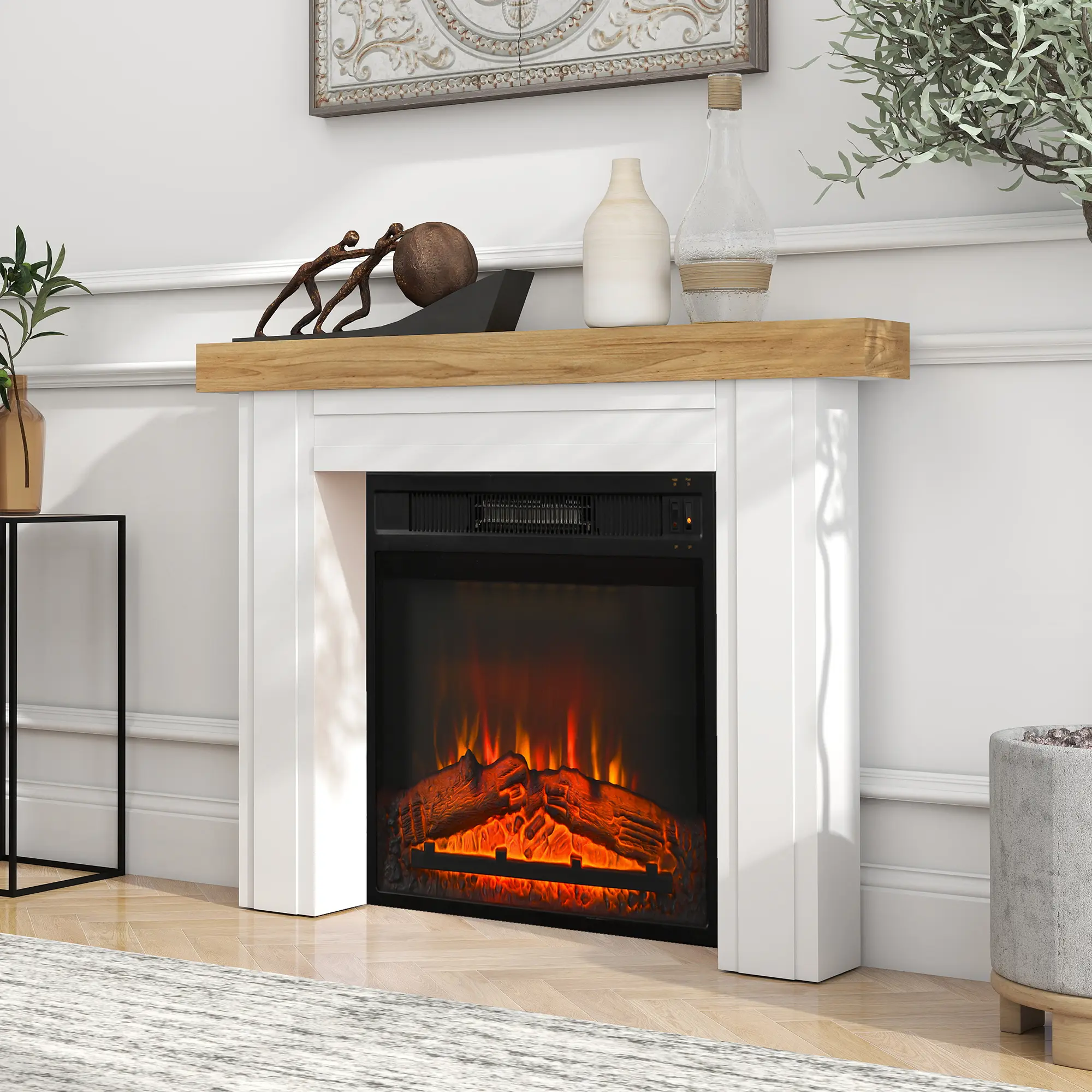 Freestanding Mantel for Electric Fireplace Natural Wood Grain MDF Painted Finish Easy Assembly Anti Tipping Kit for Home Office Study Library