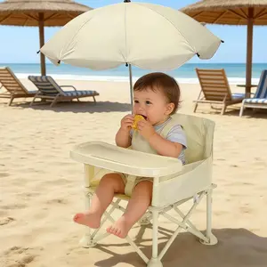 Portable Travel Beach Chair with Tray – Folding Small Size, Lightweight High Chair with Carry Bag, Removable Tray,  Sun Canopy, Storable, Tip-Free Straps for Beach Party, Camping, Picnics,Party Prop