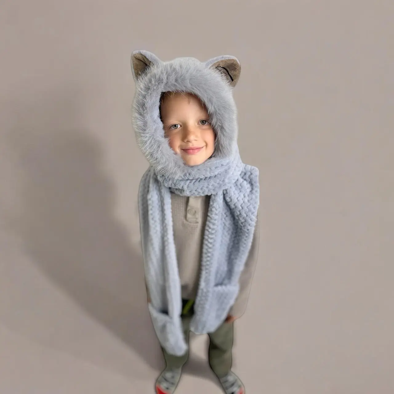 Plush Hooded Scarf- Waffle Knit Cat GREY