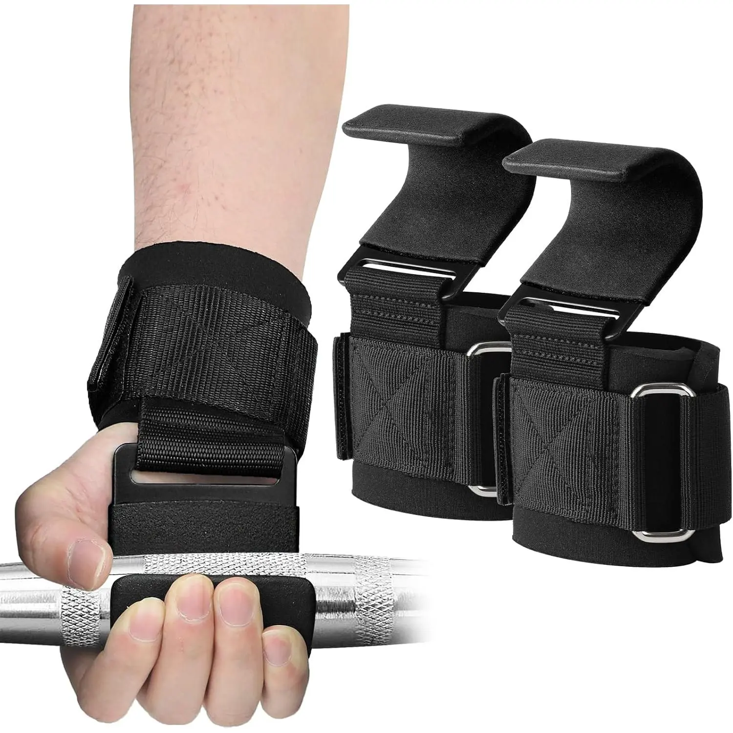 Heavy-Duty Metal Weight Lifting Hooks (Pair) with 7mm Neoprene Padded Wrist Straps for Men & Women - Non-Slip Grip with Adjustable Velcro Closure for Deadlifts, Pull-ups & Rows, Gym Workouts, Heavy-Duty Metal Hooks, Improves Grip, Non-Slip Rubber Coating,