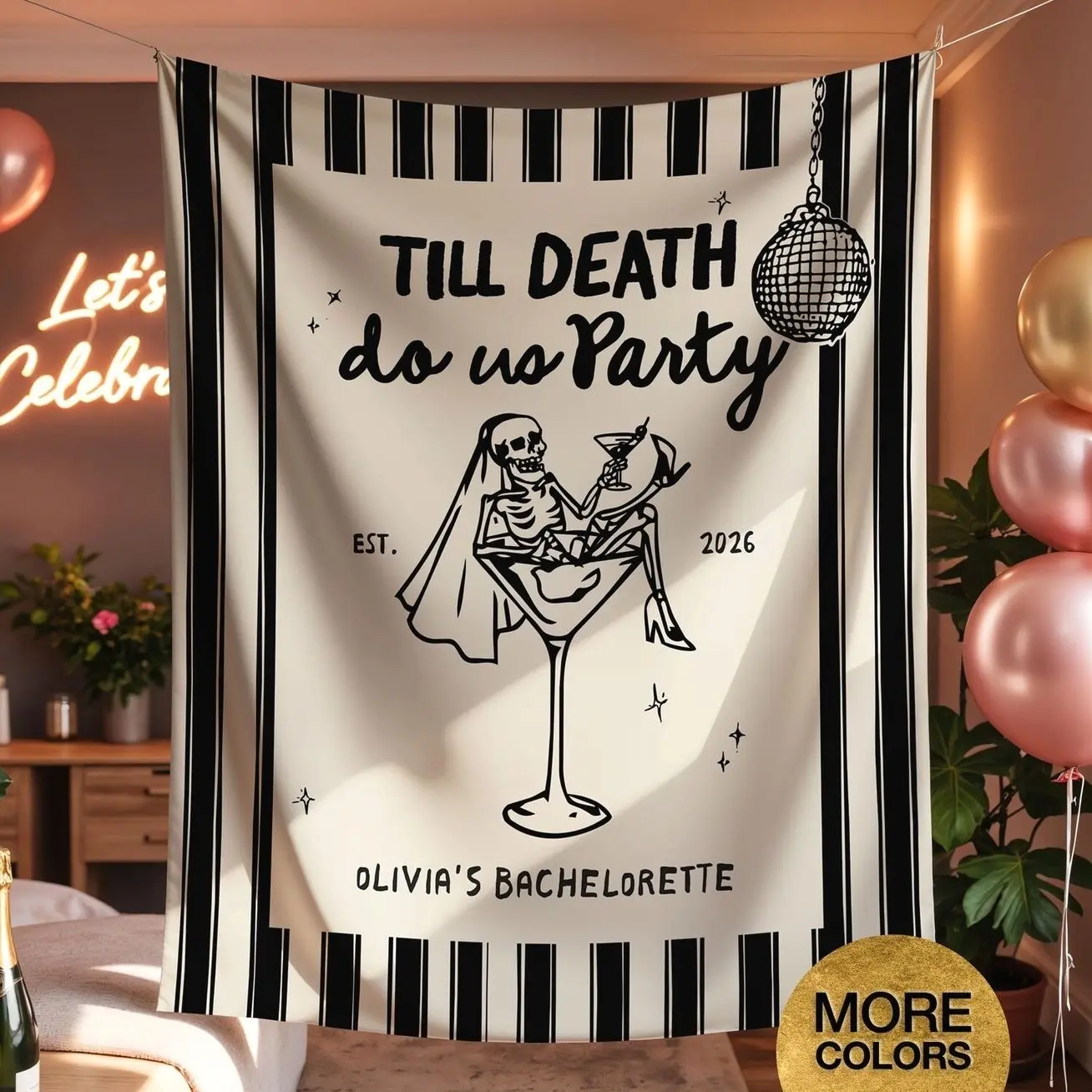 Personalized Till Death Do Us Party Bachelorette Banner Skeleton Halloween Sign Ghoul Bach Decor Bach Party Tapestry Disco Backdrop