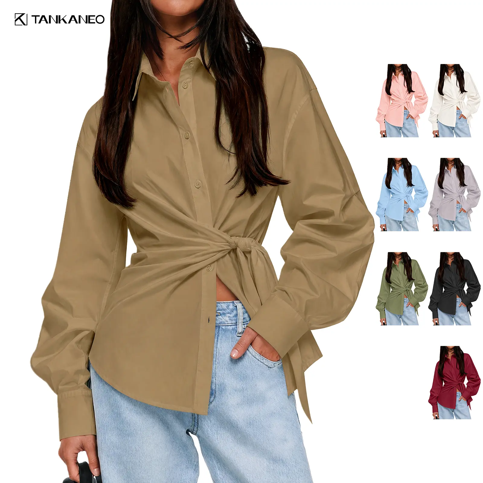 Tankaneo Womens Button Down Shirts Long Sleeve Dressy Casual Blouse Tops, Bussiness Causual, Cinched Waist, With Belt, Pleated, V Neck, Loose Fit