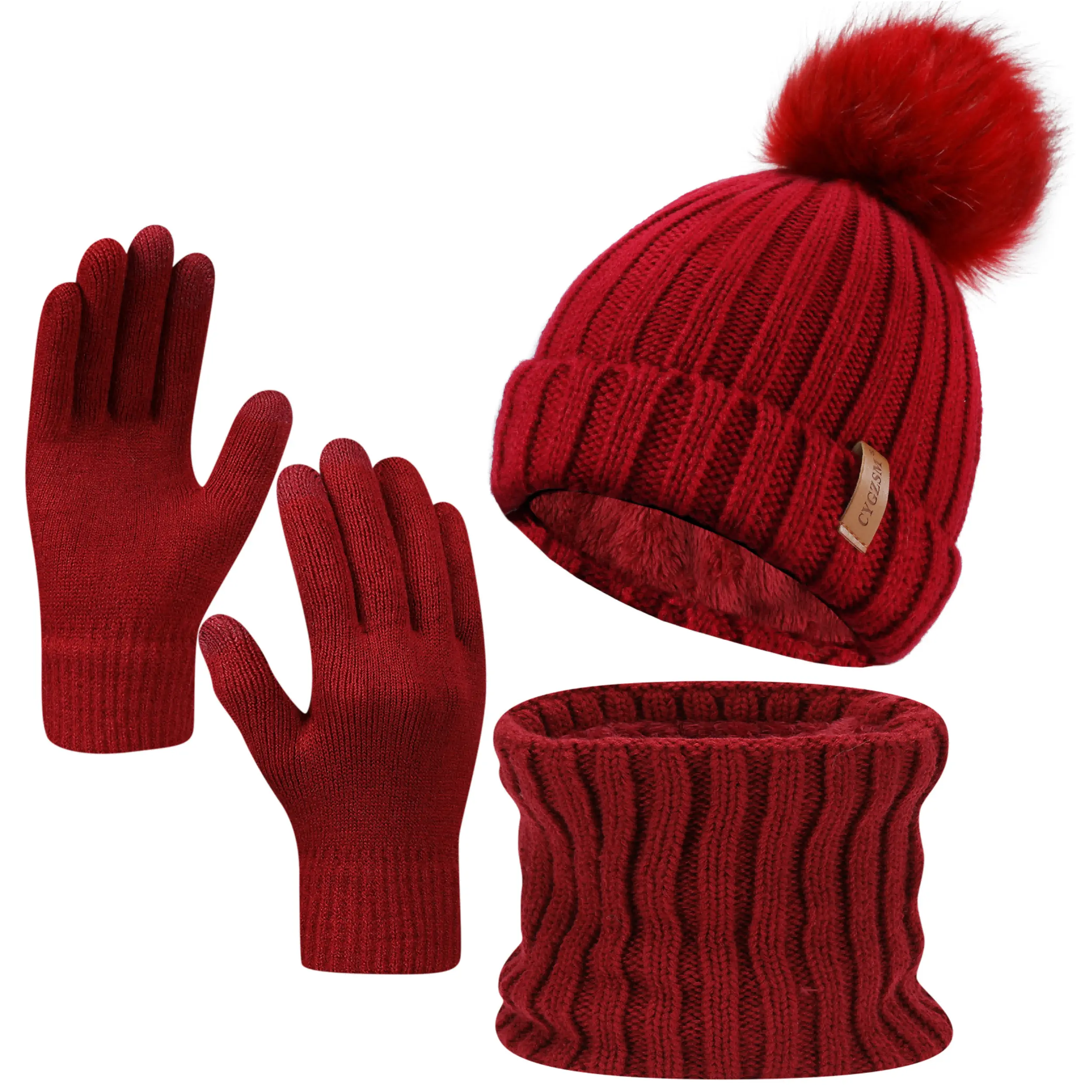 Women's 3-Piece Fleece-Lined Winter Accessory Set - Knitted Beanie Hat, Thick Scarf, Touchscreen Gloves for Sports & Outdoor Use