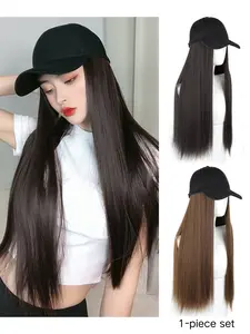 Women's Long Straight Hair Baseball Cap Wig Set, Synthetic Fiber Hat & Fake Hair Combo, Fashionable Spring Summer Full Head Cover, Synthetic Material Wigs