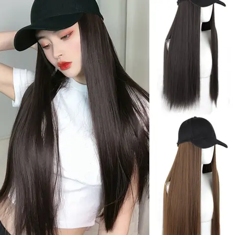 Women's Long Straight Hair Baseball Cap Wig Set, Versatile Stylish Wig, Synthetic Fiber Hat & Fake Hair Combo, Fashionable Spring Summer Full Head Cover, Synthetic Material