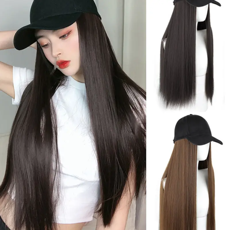 Women's Long Straight Hair Baseball Cap Wig Set, Versatile Stylish Wig, Synthetic Fiber Hat & Fake Hair Combo, Fashionable Spring Summer Full Head Cover, Synthetic Material