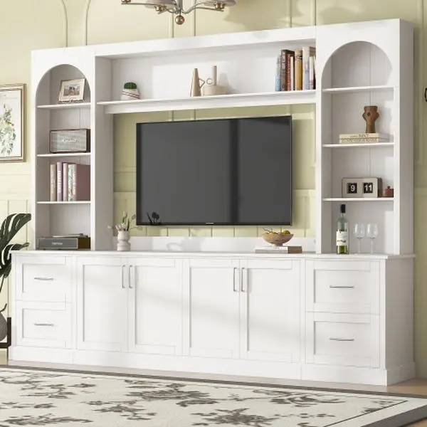 Modern Arched Farmhouse TV Stand - Furniture Living Room, 65-Inch Max TV Capacity, Drawers, Cable Holes, Adjustable Shelves, Multifunctional Living Room Decor Entertainment Center Wall Unit