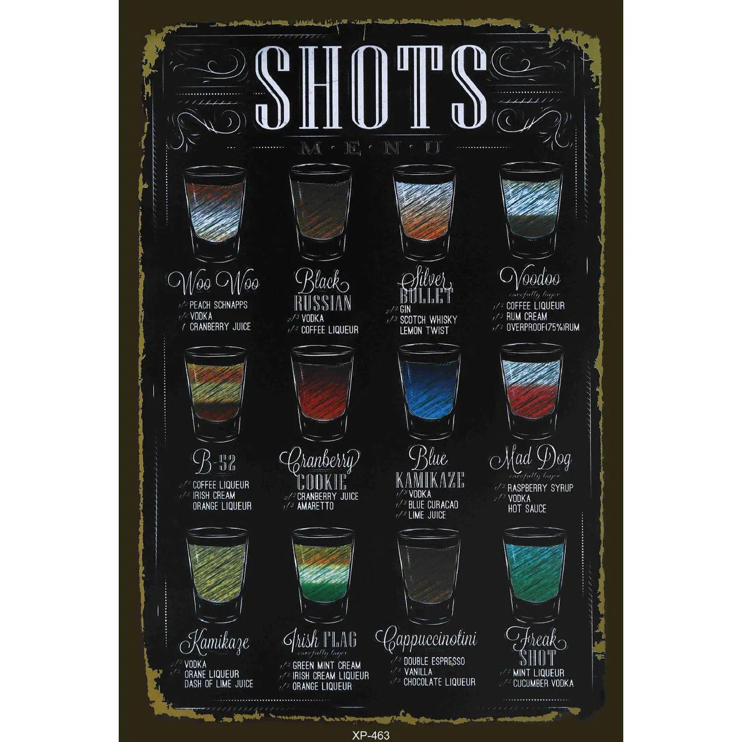 Shots Menu Cocktail Tin Sign 8x12 Inch 2D Flat Wall Decor, Retro Chalkboard Style Metal Poster for Bar Man Cave, Bartender Gift Idea